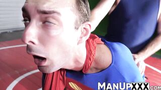 Superman twink gets tackled on the floor and played