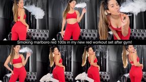Smoking marlboro red 100s in my new red workout set after gym!
