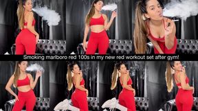 Smoking marlboro red 100s in my new red workout set after gym!