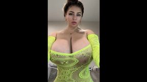 Elastic saggy wants to jump out of two cans of big natural saggy tits, oval, hard nipples transparent clothes