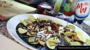 TranssexualVenus.com - Asian ladyboy jerks off onto a plate, mixing food with cum