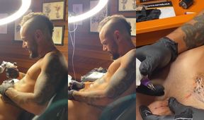 Tattoo artist defiles his massive cock into a dripping mess