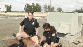 ”Big round ass uniformed babes fuck a criminal on the rooftop”
