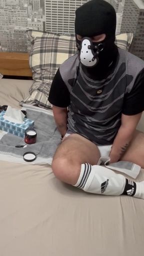 Masked soccer player jerks off in football gear sportswear socks and fucks himself with vibrating butt plug   Clip 2