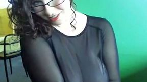 Curly wonderful MILF with sexy red lips was stripteasing and flashing tits