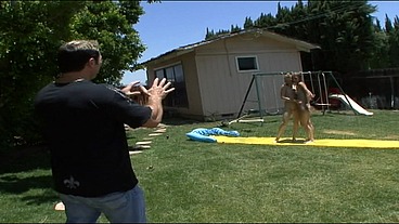 He discovers his neighbor's two daughters naked in the garden and convinces them to have a threesome.