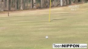 Cute Asian teen girls play a game of strip golf