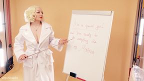 JOI Jerk off Instructions for Girls - Femdom POV Backstage Video - Fetish Mistress in Pvc Vinyl Coat