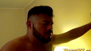 Sweaty cock sucking and anal fucking in a threesome by hottie daddies Nick Moretti an