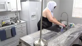 Fat white wife flashes curvy cleavage, no underwear, while cleaning in mini dress - porn BBW