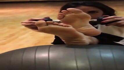 Sensational Dark Haired Woman With Lovely Mature Feet Stretching Out At Yoga Class