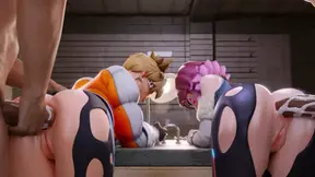 Two anime babes take a big cock in their tight asses