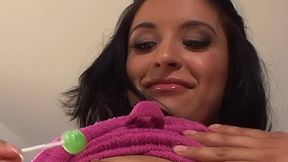 lizzy play with a lollypop and wih a big vibrator in her hairy cunt