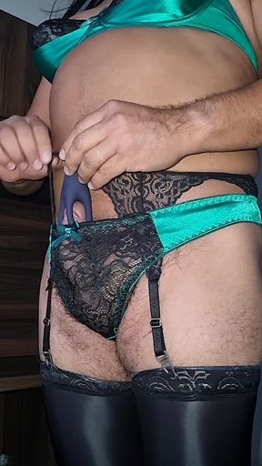 Green Satin Tights with Black Lace, Sissycum with Vibrator