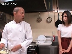 Asian waitress gets tits grabbed by her boss at work