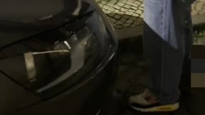 amateur boy taking his fat cut cock out of his jeans and pissing in the street