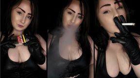 Smoking in a leather outfit with leather gloves pumping that nicotine into my lungs