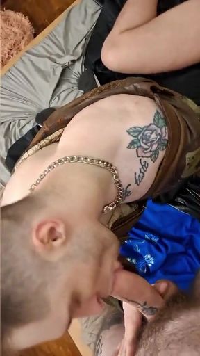 Jaw-dropping moment from "Leather guy satisfies two guys with his mouth"