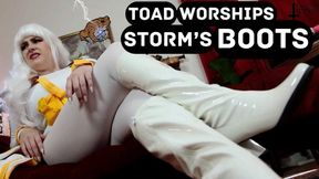 Toad Worships Storm's Boots POV Femdom - WMV - featuring Jane Judge as Storm in this Marvel parody scene with cosplay, female domination pov, boot worship, special effects, and mean humiliation from a sexy silver haired thick Storm as she controls the wea
