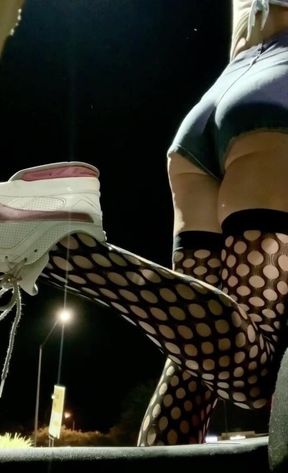 Sexy ass tight jean shorts and fishnets on outdoor display hot sissy TS
