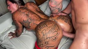 Inked latina MILF fucks with a beefy stud in different poses