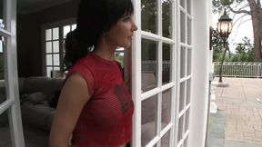 Brunette with big tits gets facial after stud fucks her on the carpet