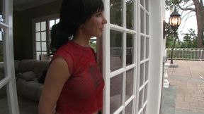 Brunette with big tits gets facial after stud fucks her on the carpet