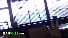 Blue eyed blondie flashes her tits and pussy in restaurant and then rides my hard cock