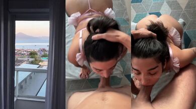 Cute slut in sexy lingerie gets cum facial with rock show crowd worshiping her big tits on her knees