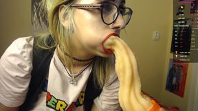 Busty blonde sucking weird anal toys on webcam