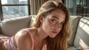petite ash-blonde slut with tight low ponytail barely covering her small firm tits in pink cropped[ai]