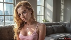 petite ash-blonde slut with tight low ponytail barely covering her small firm tits in pink cropped[ai]