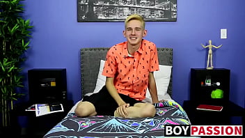 Skinny little twink with big fat dick tugs after interview