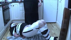 Miss M has a taped up footballer on kitchen floor and gives him a post orgasm torment handjob