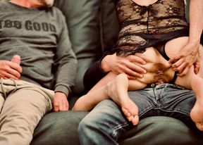 I show off like a whore in front of a friend of my husband and he watches me get fucked. Photo slideshow for you