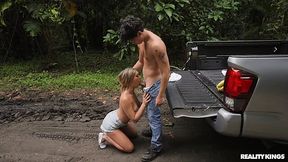 Guy with Big Bolt Fucks Slim Blonde Outdoors in Public Woods!