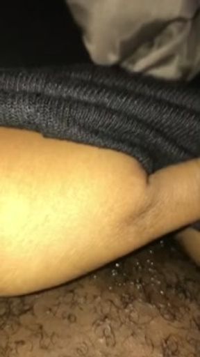 Ebony With Hand in Panties Creaming Her Hairy Pussy