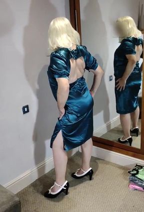 Super hot crossdresser backless blue satin