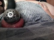 Cumming in chastity cage with a vibrator and eating the mess
