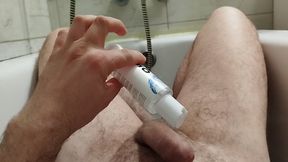Jerking off my hairy cock in the bathroom.