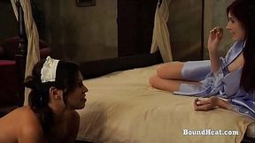 Submissive maid serves lesbian dominatrix in lacy lingerie