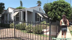 Smalltitted trans jerking her cock at casting