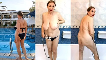 Hot busty GILF take shower after swimming pool