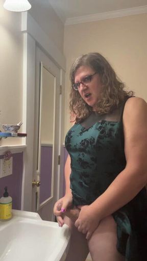 Trans MILF desperately jerks off in the bathroom at a party