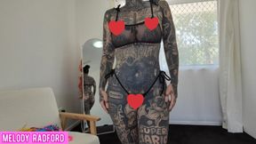 Tattooed wife tries on sheer micro bikini