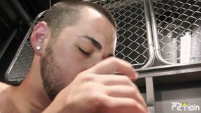 Two horny guys fuck their friend tight ass in spreadeagle position on the couch