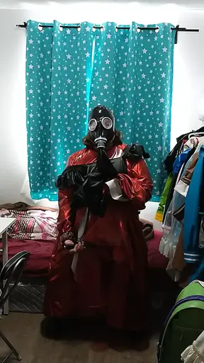 Sissy Maid With Gasmask, Breathplay, Red Dress, Vibrator