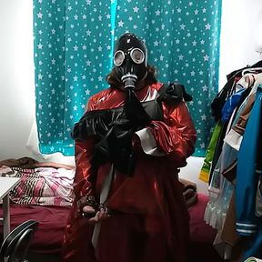 Sissy Maid With Gasmask, Breathplay, Red Dress, Vibrator