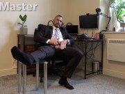 DILF in suit and tie jerks his uncut cock before online meeting cums on formal shoes PREVIEW