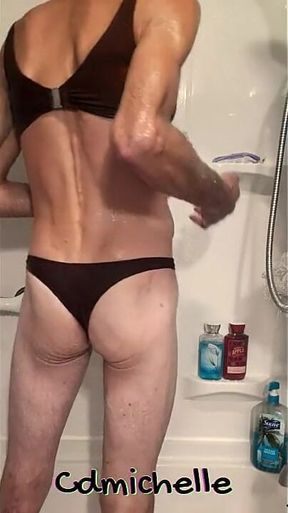 Cdmichelle in the Shower Wearing Sexy Brown Thong Swimsuit